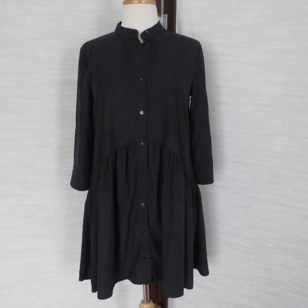 Zara Black Lyocell Blend Gathered Mini Summer 3/4 Sleeve Shirt Dress Sundress